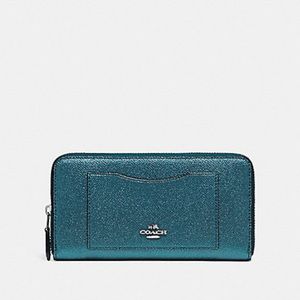 COACH accordion zip wallet crossgrain leather in metallic teal #F21068